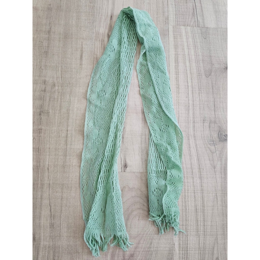 Vintage Mint Green Open Knit Scarf Fringe Trim Pointelle Mesh Made in Japan